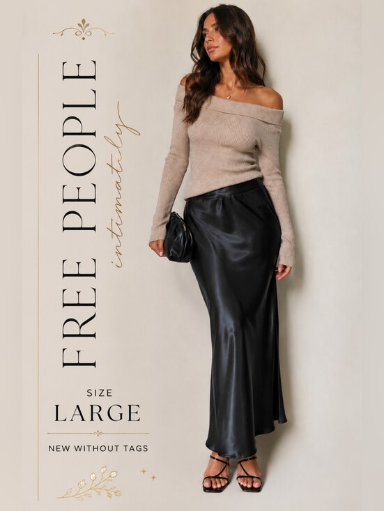 Free People Dresses & Skirts - Free People Intimately Satin Slip Skirt L Black Maxi Side Slit Boho Chic